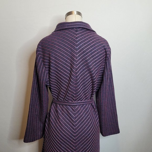 Vintage Shirt Dress Amy Adams Stripe Belted Tie Neck Collared Purple Black 60s - Picture 7 of 9